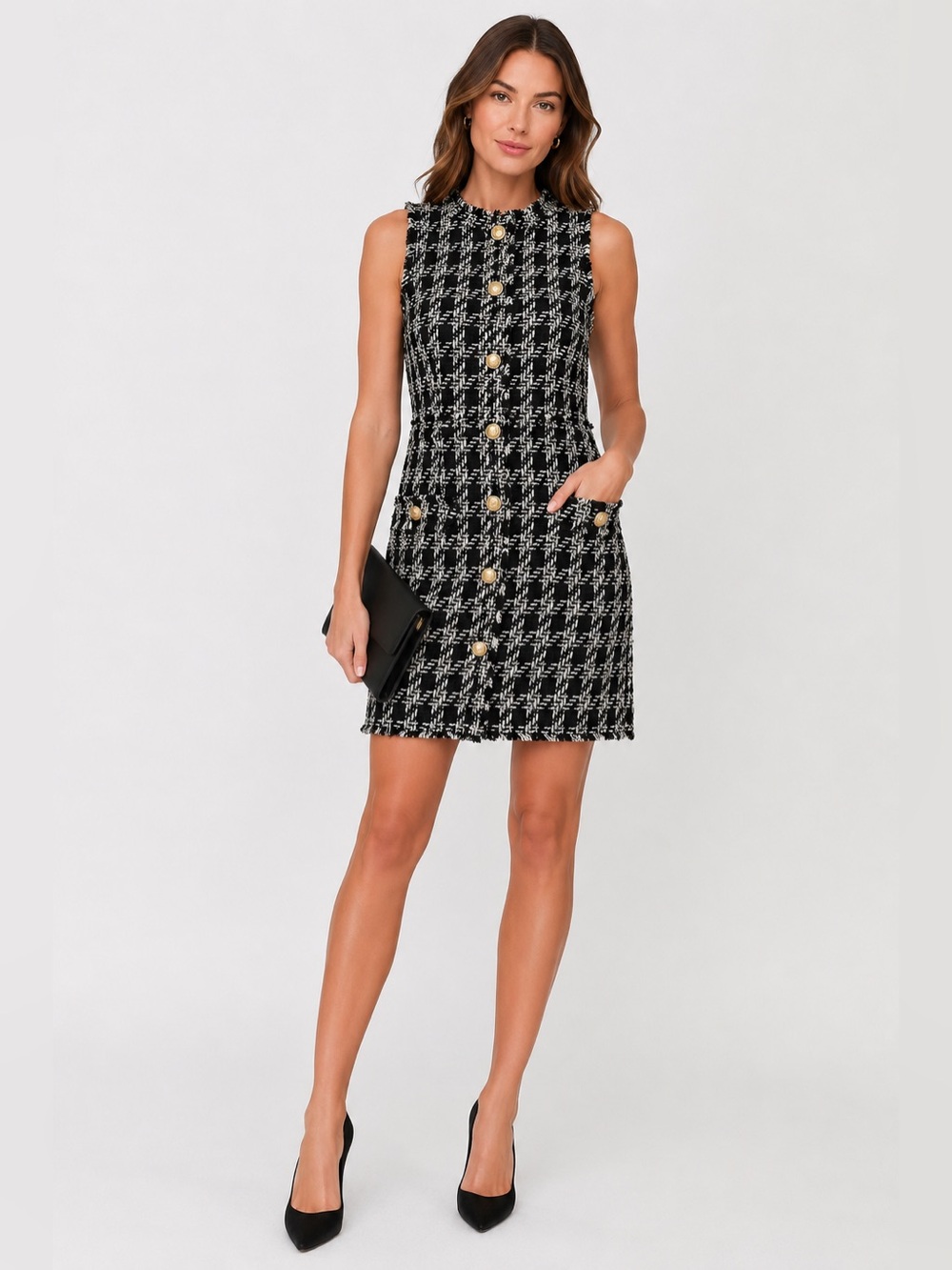 NWT L’AGENCE Jade Tweed Dress Size10 Black Ivory Plaid Fringe Gold Crest Buttons